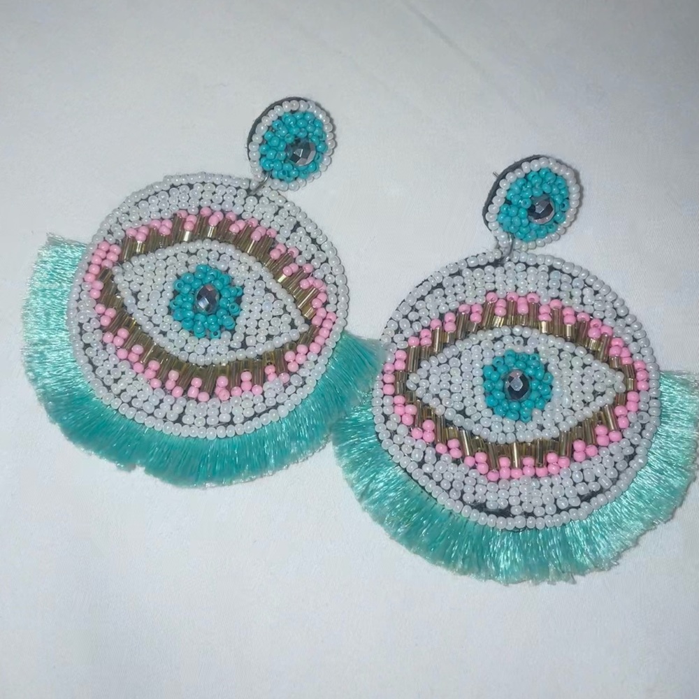 Beaded Eye Design Neon Earrings